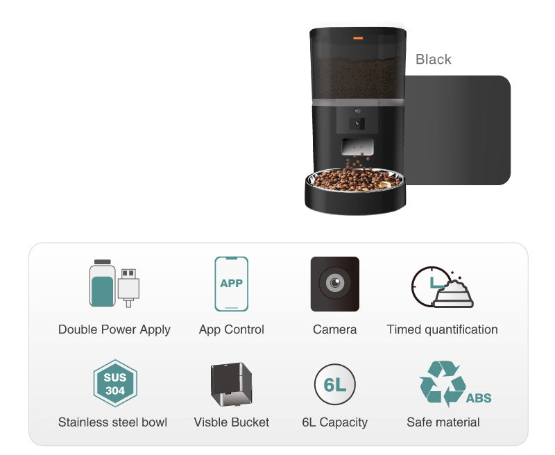 Black 6L pet feeder with transparent barrel